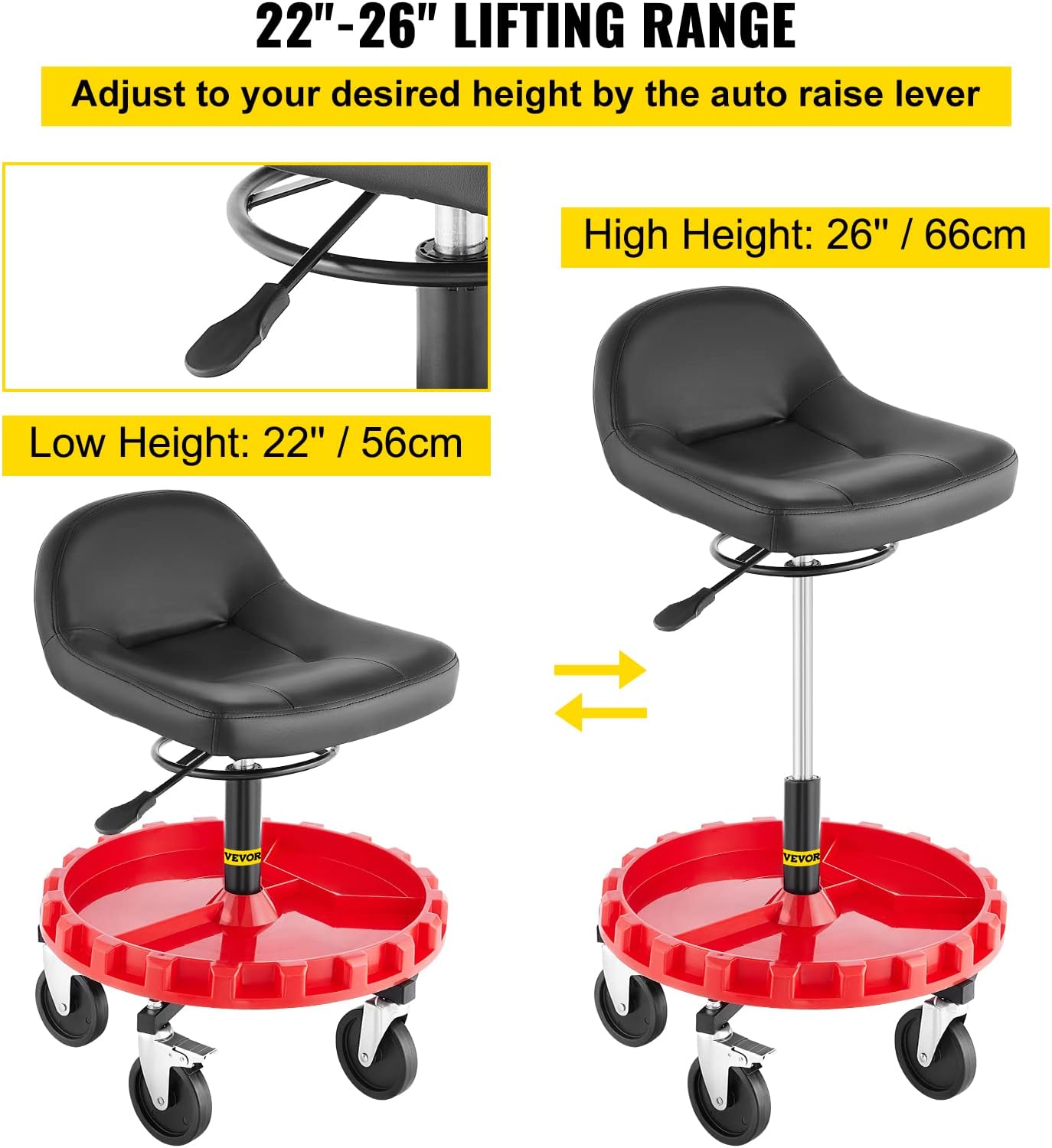 VEVOR Shop Stool, 400 LBS Capacity, Adjustable Height Rolling Garage Seat N6049