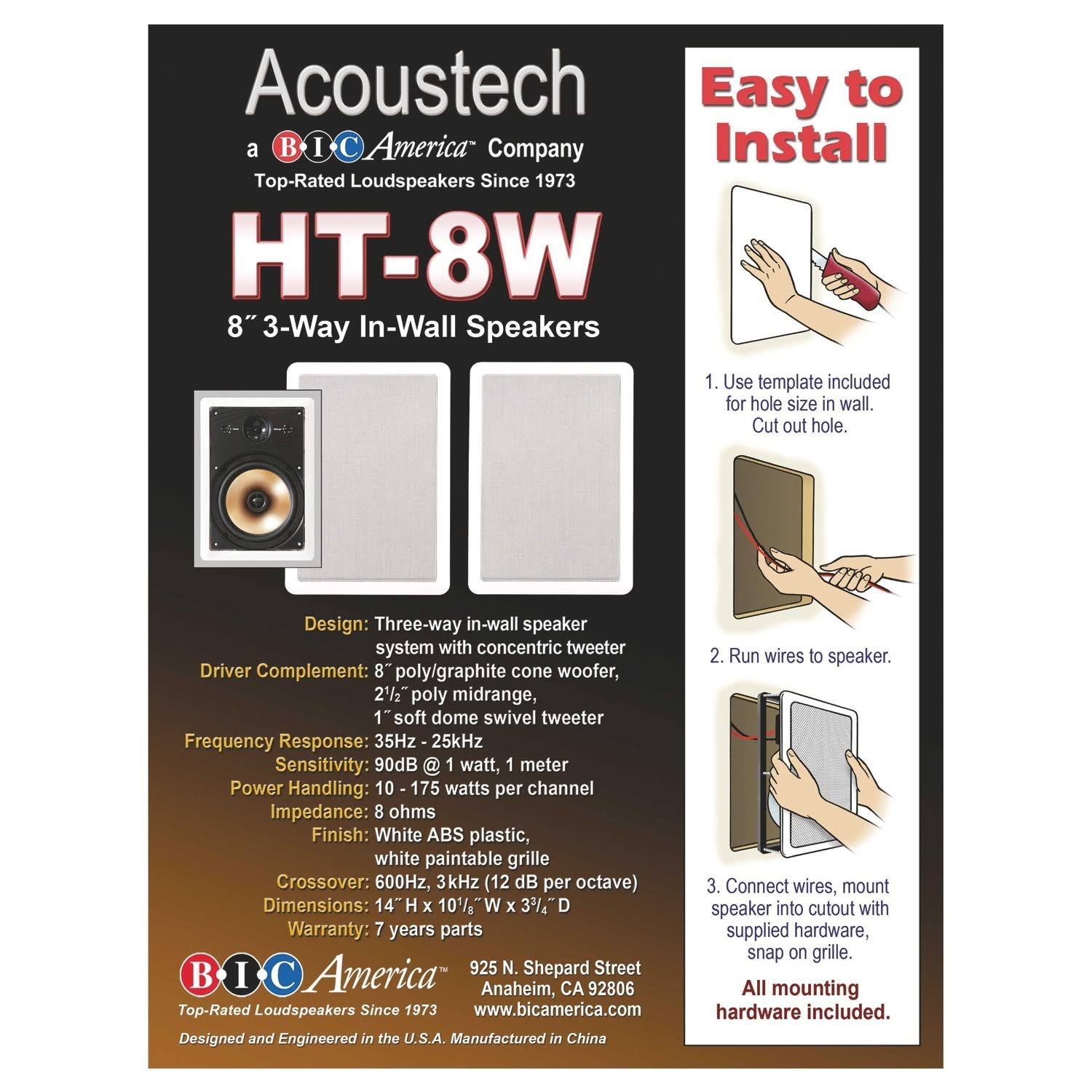 Bic America HT8W 3-Way Acoustech In-Wall Speakers A7247