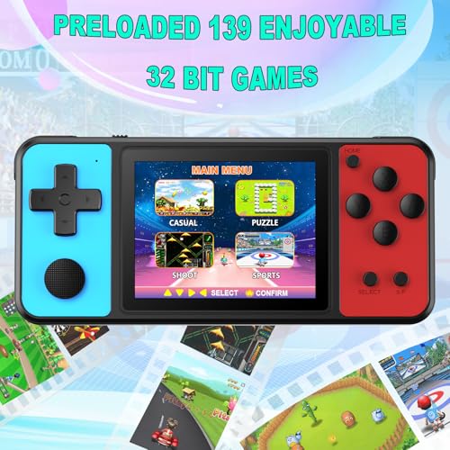 32 Bit Handheld Game Console with 139 Built-in Games, 3.0" IPS Screen, Blue-Red T968340