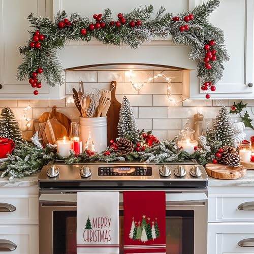 Merry Christmas Kitchen Towels Set of 2, Red Xmas Tree Design C1385