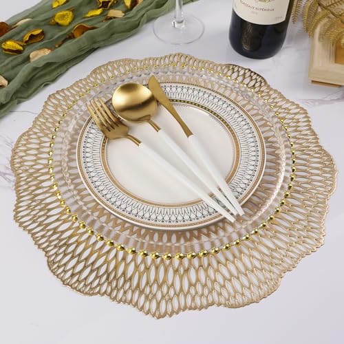 Gold Metallic Vinyl Flower Placemats Set of 6 for Dining Table I961330