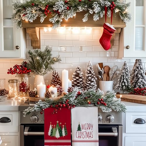 Merry Christmas Kitchen Towels Set of 2, Red Xmas Tree Design C1385