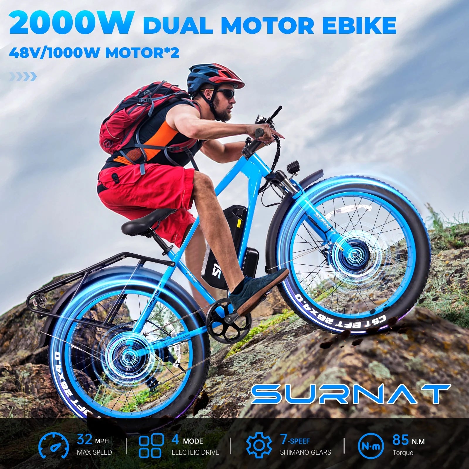 Dual Motor AWD Electric Bike for Adults 2000W 32MPH with Removable Battery C326
