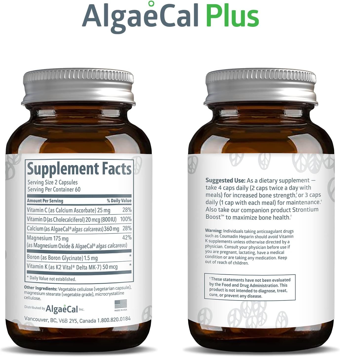 AlgaeCal Plus Natural Calcium Supplement with Magnesium, Boron, Vitamins C, D, K2, 3 Pack T110362