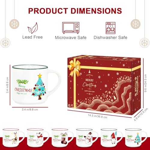 QIKSION Christmas Coffee Mugs Set of 6, 14oz Ceramic C635
