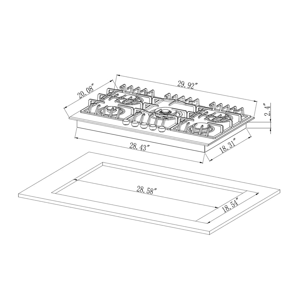 Empava 30 in. Gas Cooktop with 5 Sealed Burners, Black Tempered Glass S851