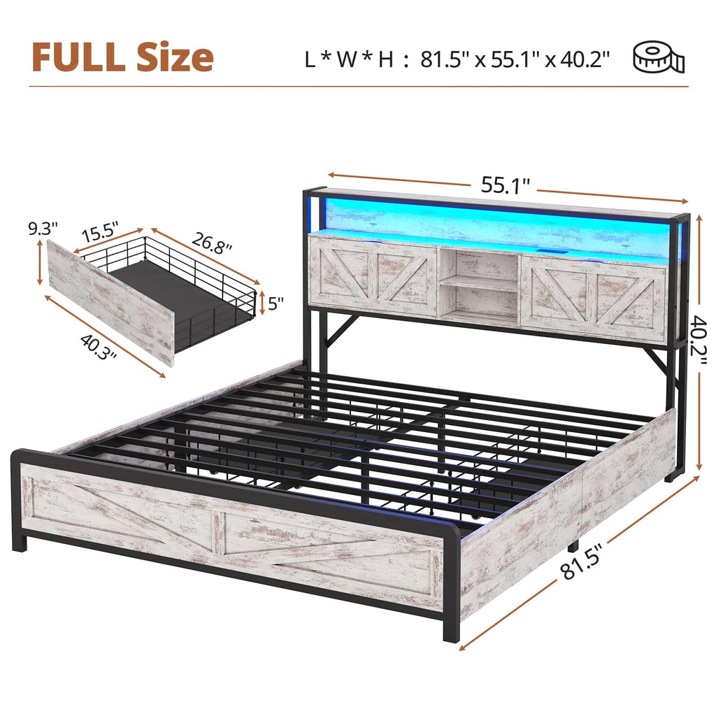 Farmhouse Full Size Bed Frame with Storage Headboard & 4 Drawers, USB Charging, Washed Oak Grey O67263