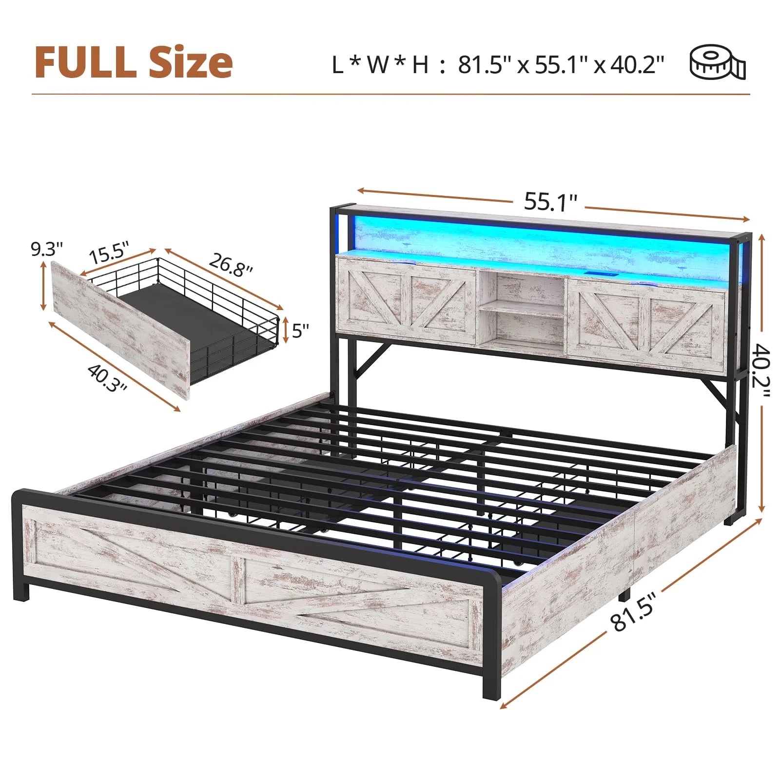 Farmhouse Full Size Bed Frame with Storage Headboard & 4 Drawers, USB Charging, Washed Oak Grey O67263