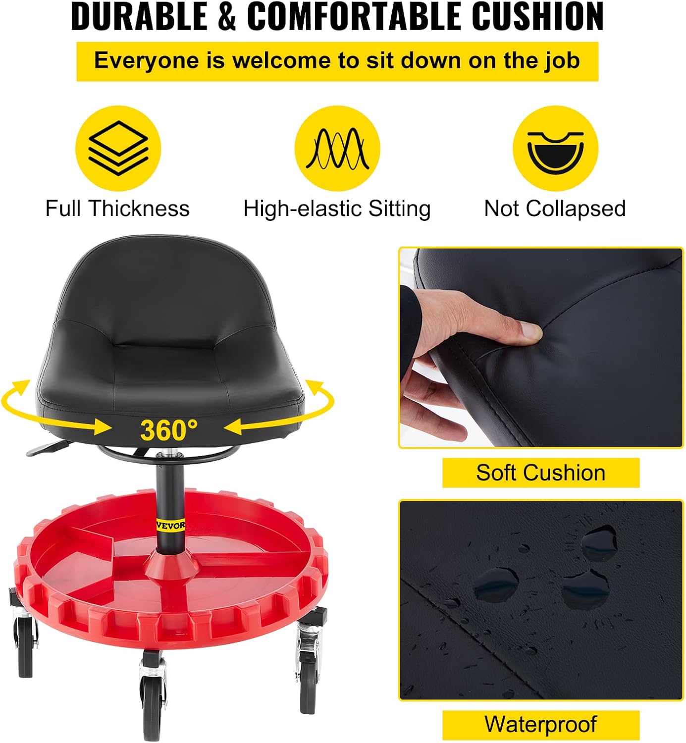 VEVOR Shop Stool, 400 LBS Capacity, Adjustable Height Rolling Garage Seat N6049
