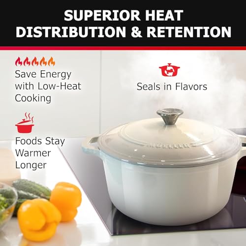 Mueller 6qt Enameled Cast Iron Dutch Oven with Lid, Oven-Safe to 500°F, White N219