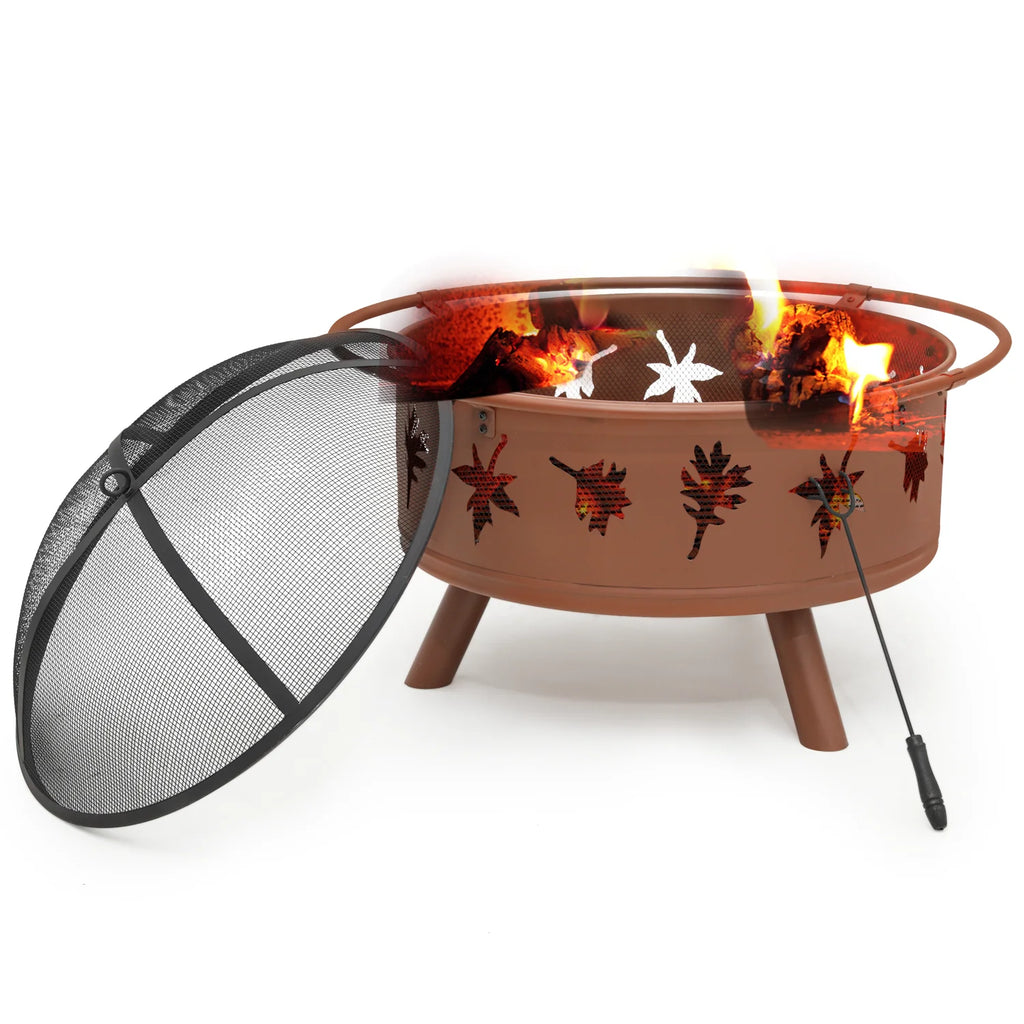 Magshion 32" Round Outdoor Fire Pit, Wood Burning Table Top Fire Bowl Pit Fireplace with Log Grate, Poker & Spark Screen for Patio Backyard, Brown