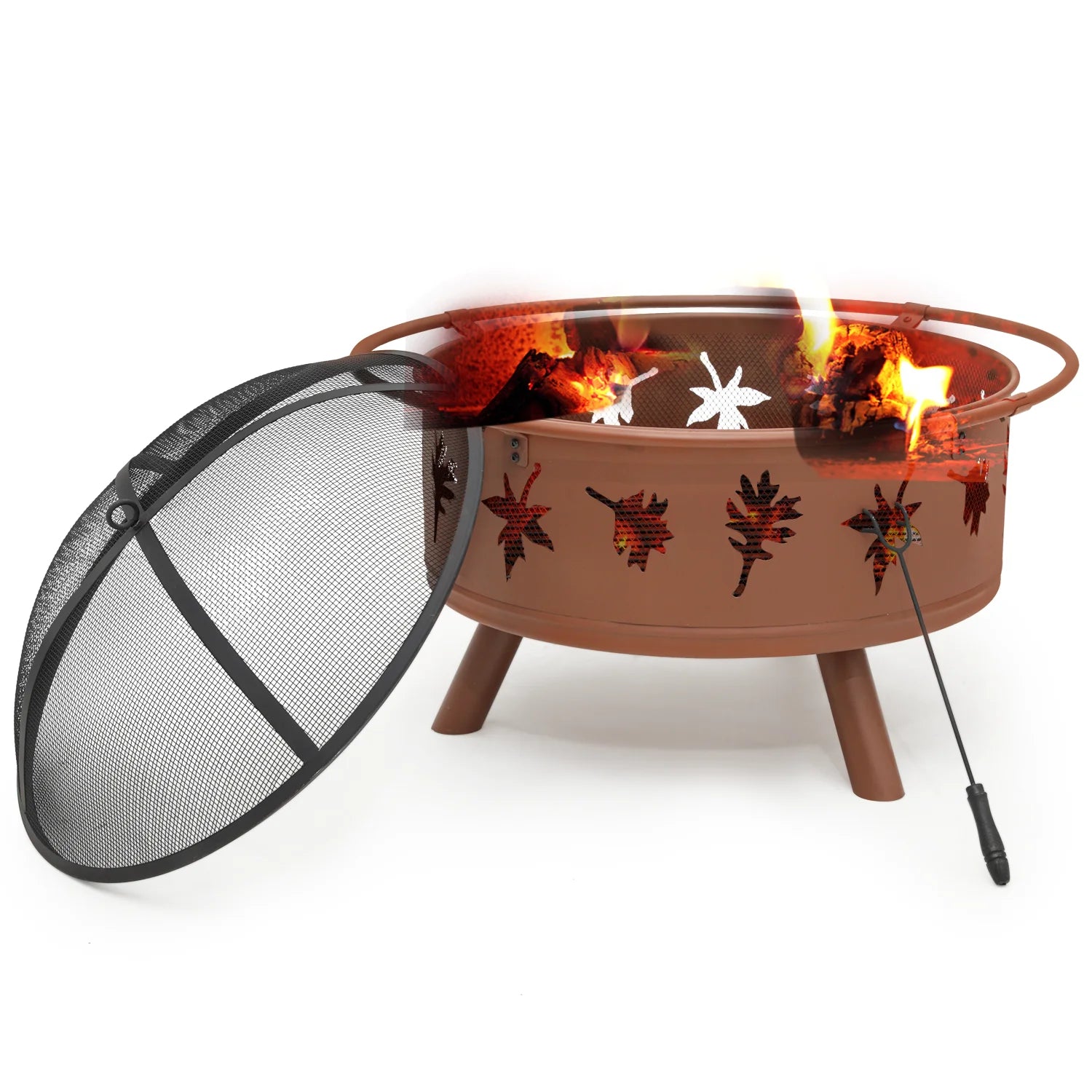Magshion 32" Round Outdoor Fire Pit, Wood Burning Table Top Fire Bowl Pit Fireplace with Log Grate, Poker & Spark Screen for Patio Backyard, Brown