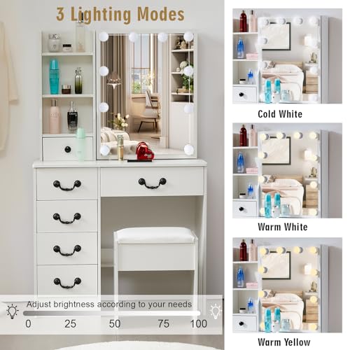 Vanity Desk with Mirror & Light, White (VAN-07) B735804