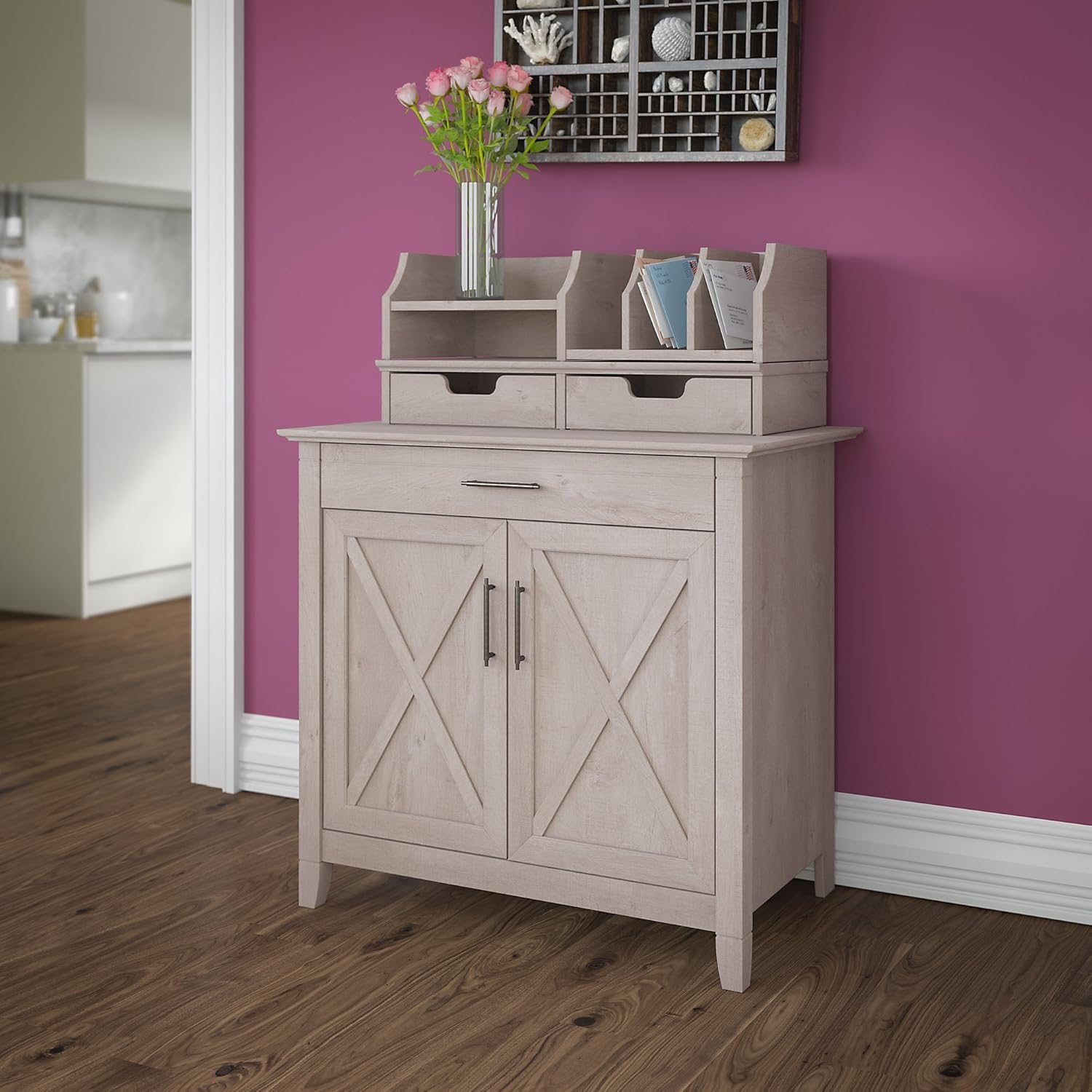 Bush Furniture Key West Secretary Desk with 5 Shelf Bookcase, Washed Gray B262