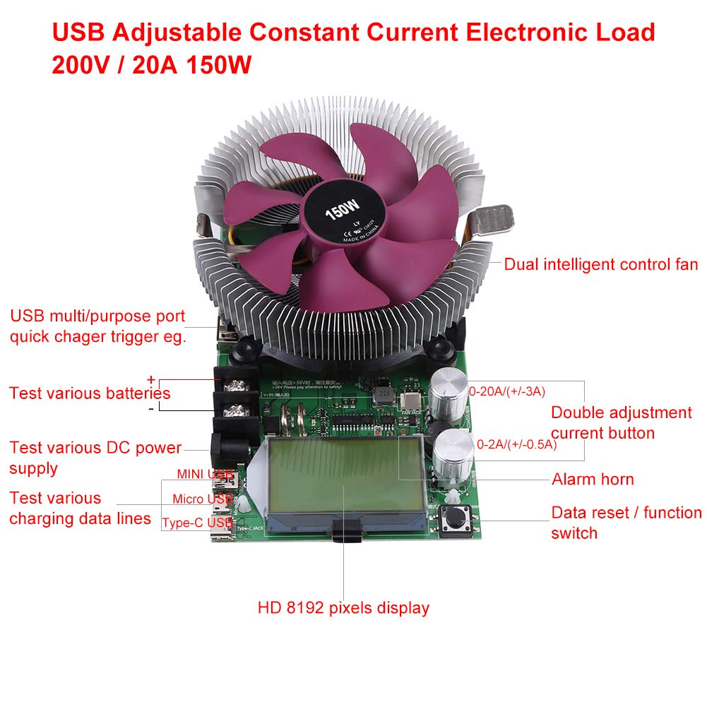 150W 200V 20A USB Adjustable Electronic Load Tester Module Q6941