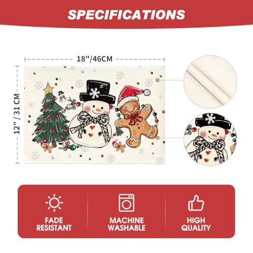 Artoid Mode Snowman Gingerbread Christmas Placemats Set of 4, 12x18 Inch K785
