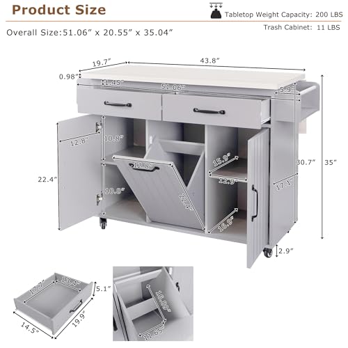 53.5" Farmhouse Kitchen Island with Power Outlet and Drop Leaf K1759
