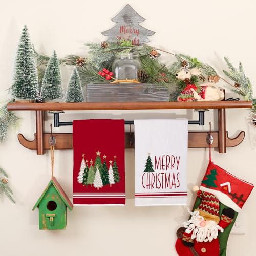 Merry Christmas Kitchen Towels Set of 2, Red Xmas Tree Design C1385