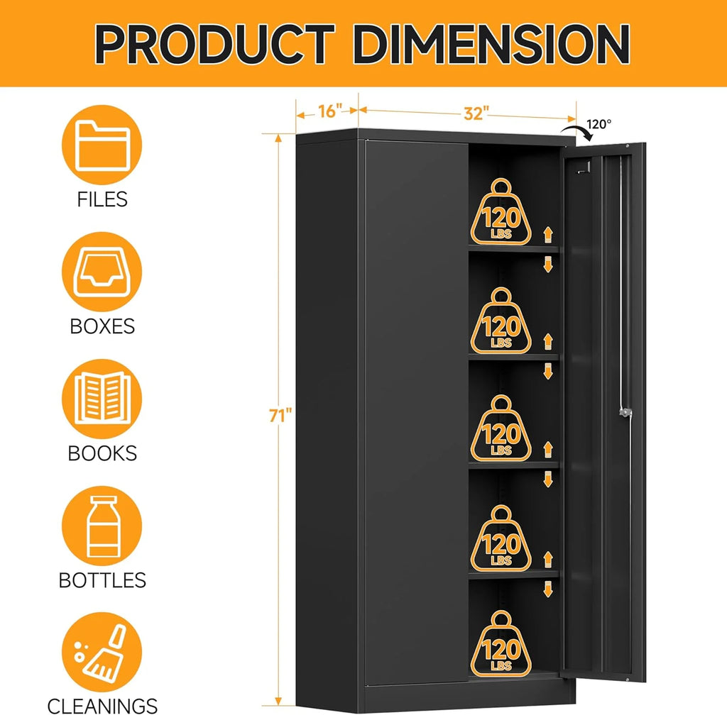 Metal Storage Cabinet with Locking Doors, 71" Tall, Black C7792